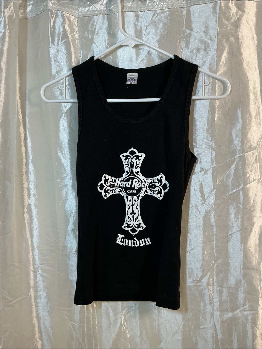Hard Rock Cafe Black woman’s Tank Top with White Cross London Graphic